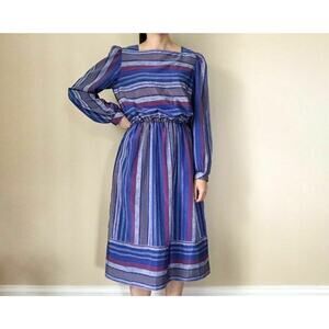 David Warren Striped Tie Waist Belt Dress Long Puff Sleeves Square Neck VTG 12
